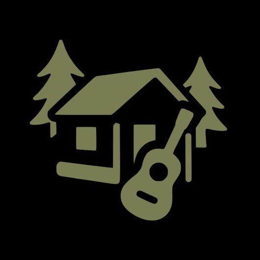 Icon of a cabin with trees and a guitar, representing a folk music retreat