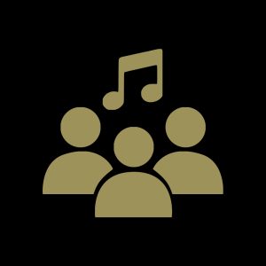 Icon of three people with a musical note above them, representing group singing