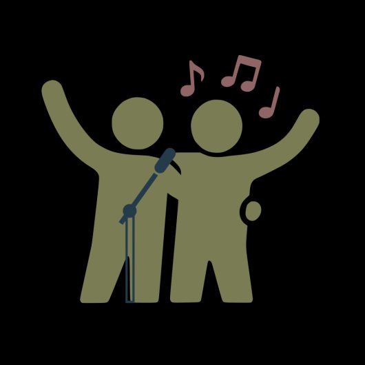 Icon of two people singing together at a microphone with musical notes above them