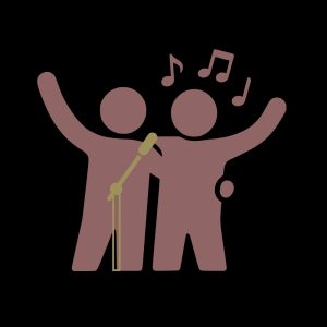 Icon of two people singing together at a microphone with musical notes above them