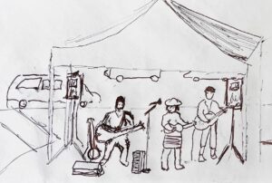 Child's sketch of musicians under a festival tent