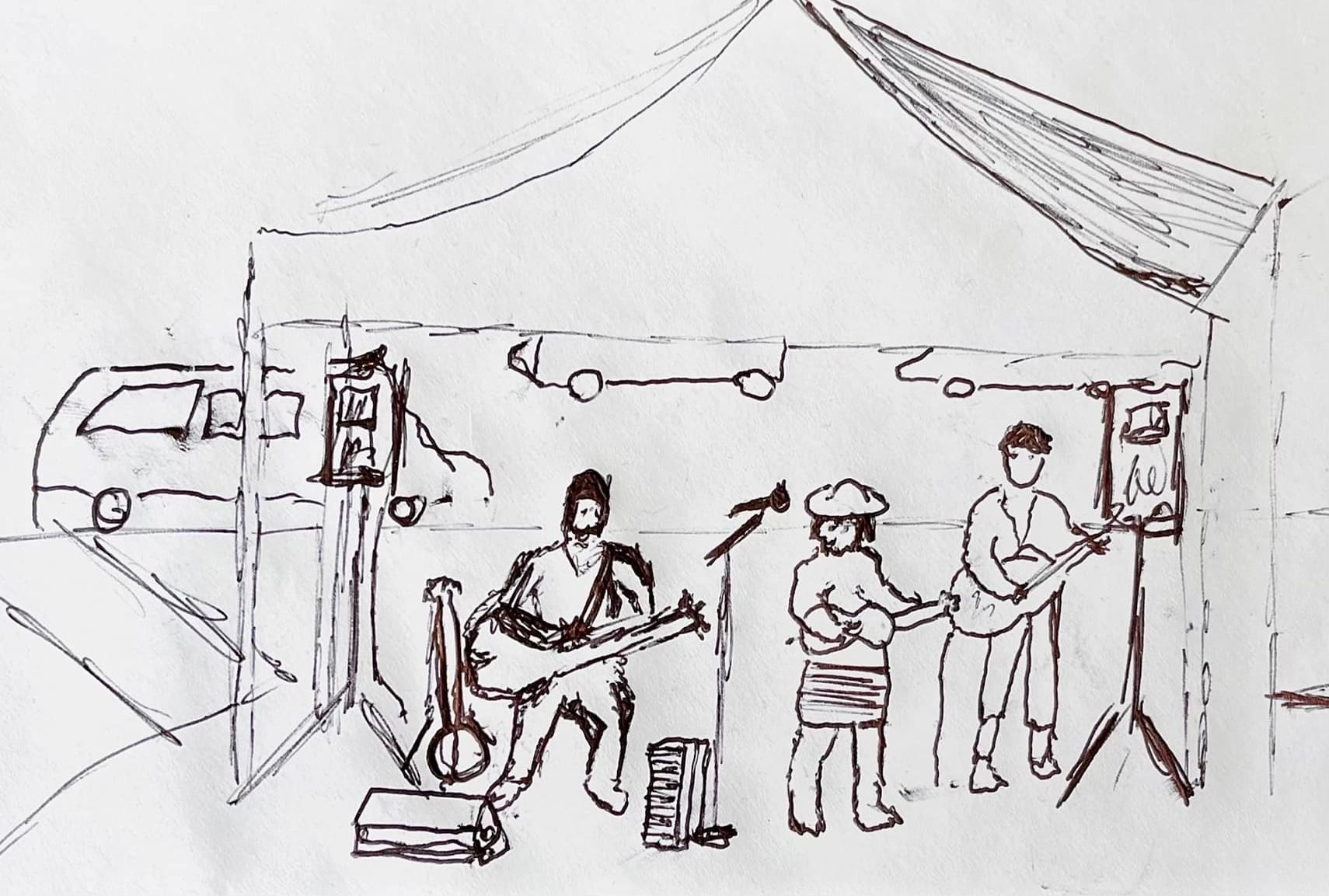 Child's sketch of musicians under a festival tent